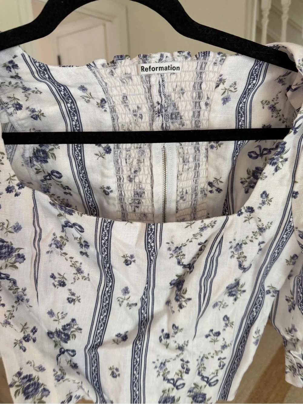 Reformation White Top with Blue Floral Stripe Square Neck